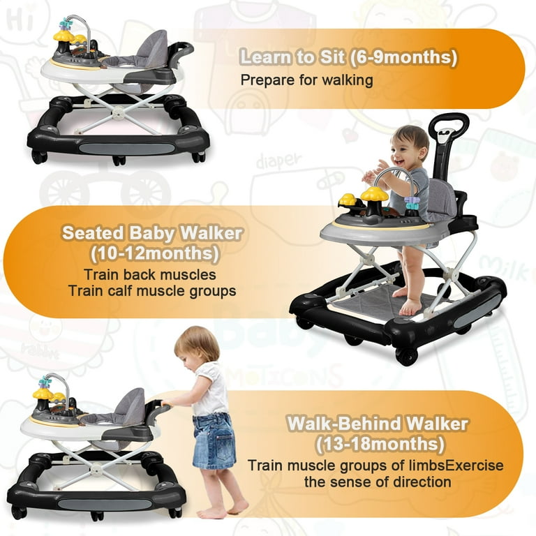 JOJOLAM 5-in-1 Baby Walker, Foldable Walker with Swivel