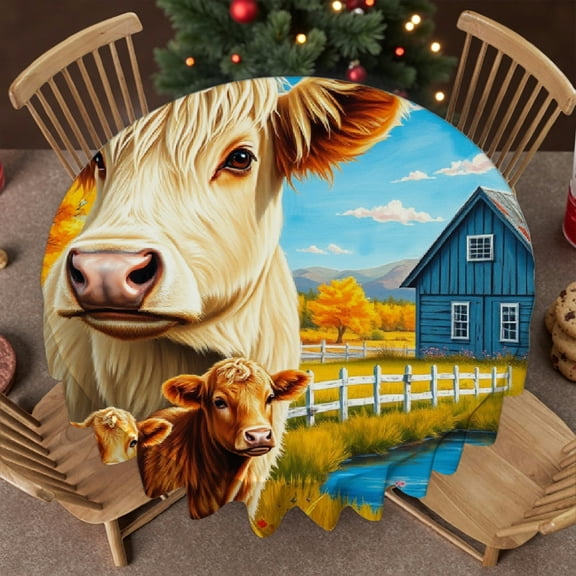 RKSupls 60 Inch Round Tablecloth, Farm Cow Calf Polyester Table Cover - Soft, Stain Resistant & Washable Decor for Wedding, Party, Holiday, Home Dining