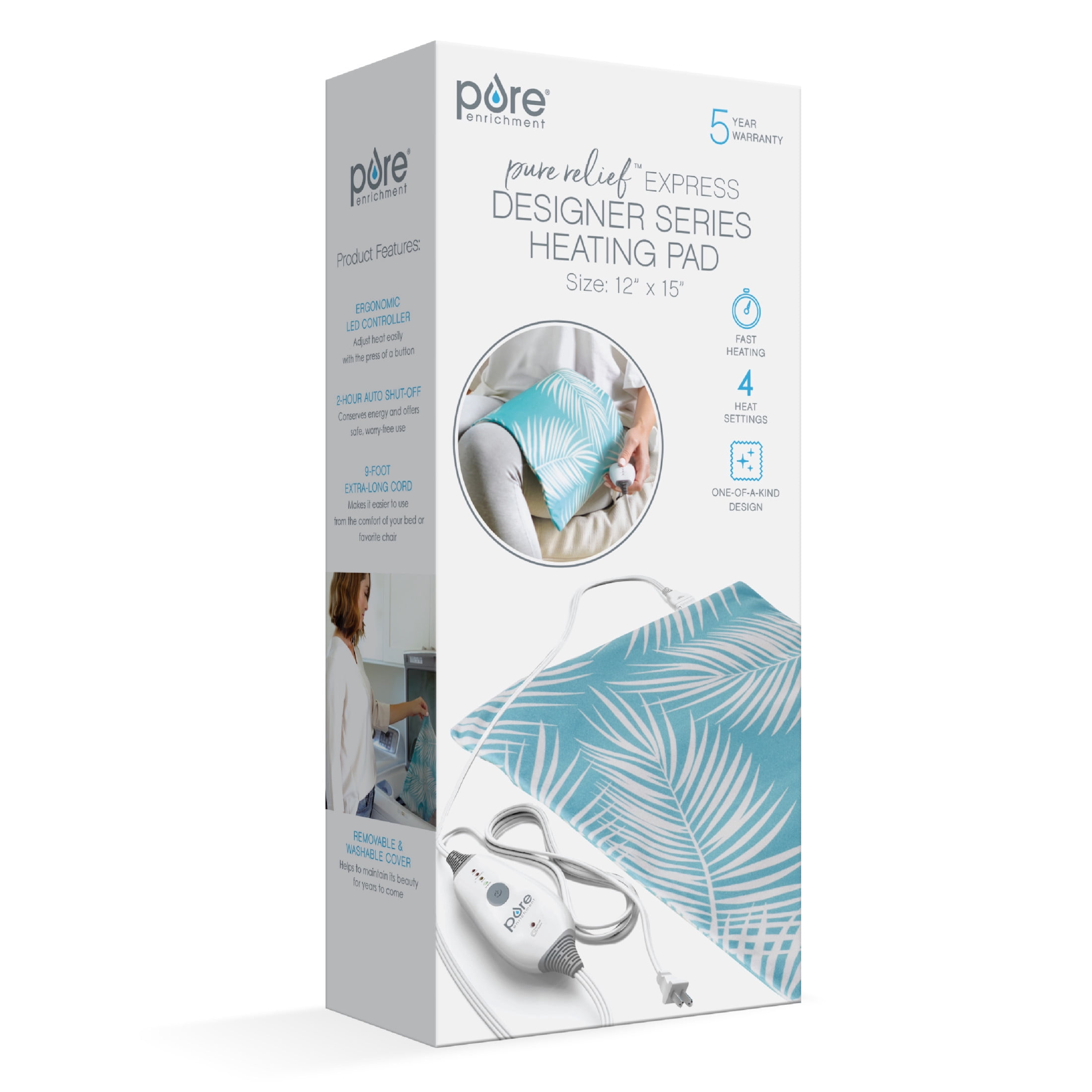 Pure Enrichment PureRelief Express Designer Series Electric Heating Pad - 12” x 15” Fast-Heating with 4 Heat Settings, Machine-Washable Fabric, & 2-Hour Auto Safety Shut-Off - Palm Aqua