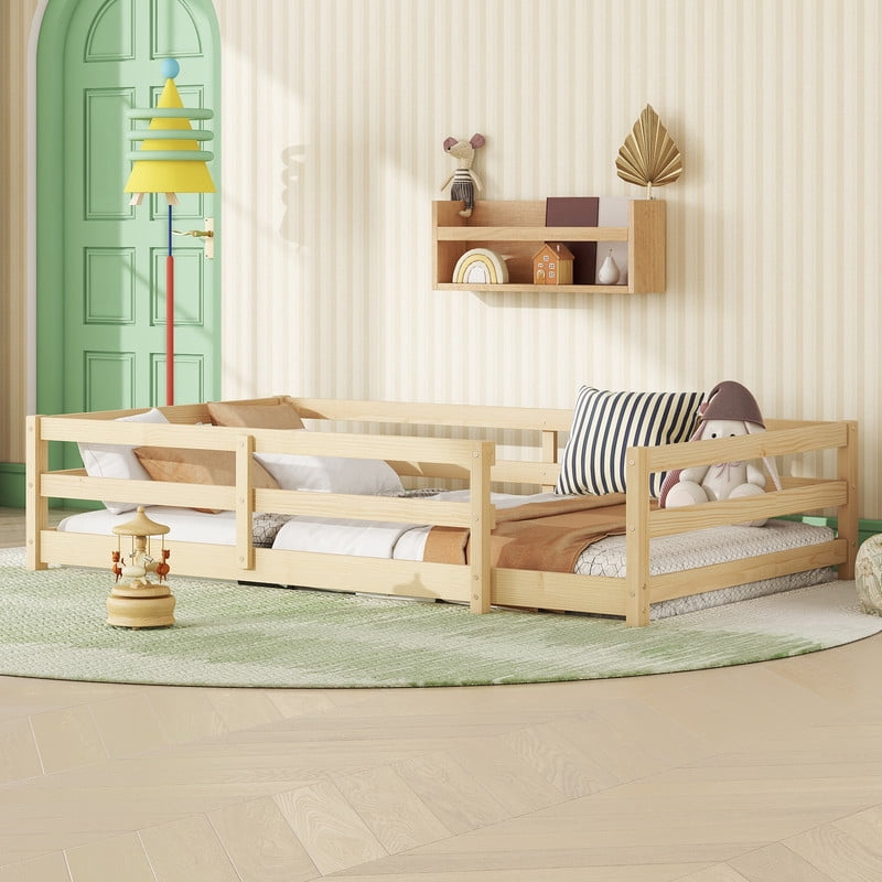 Mirightone Wood Twin Montessori Bed, Twin Bed Frame with Rails, Kids Floor Bed Twin – Natural