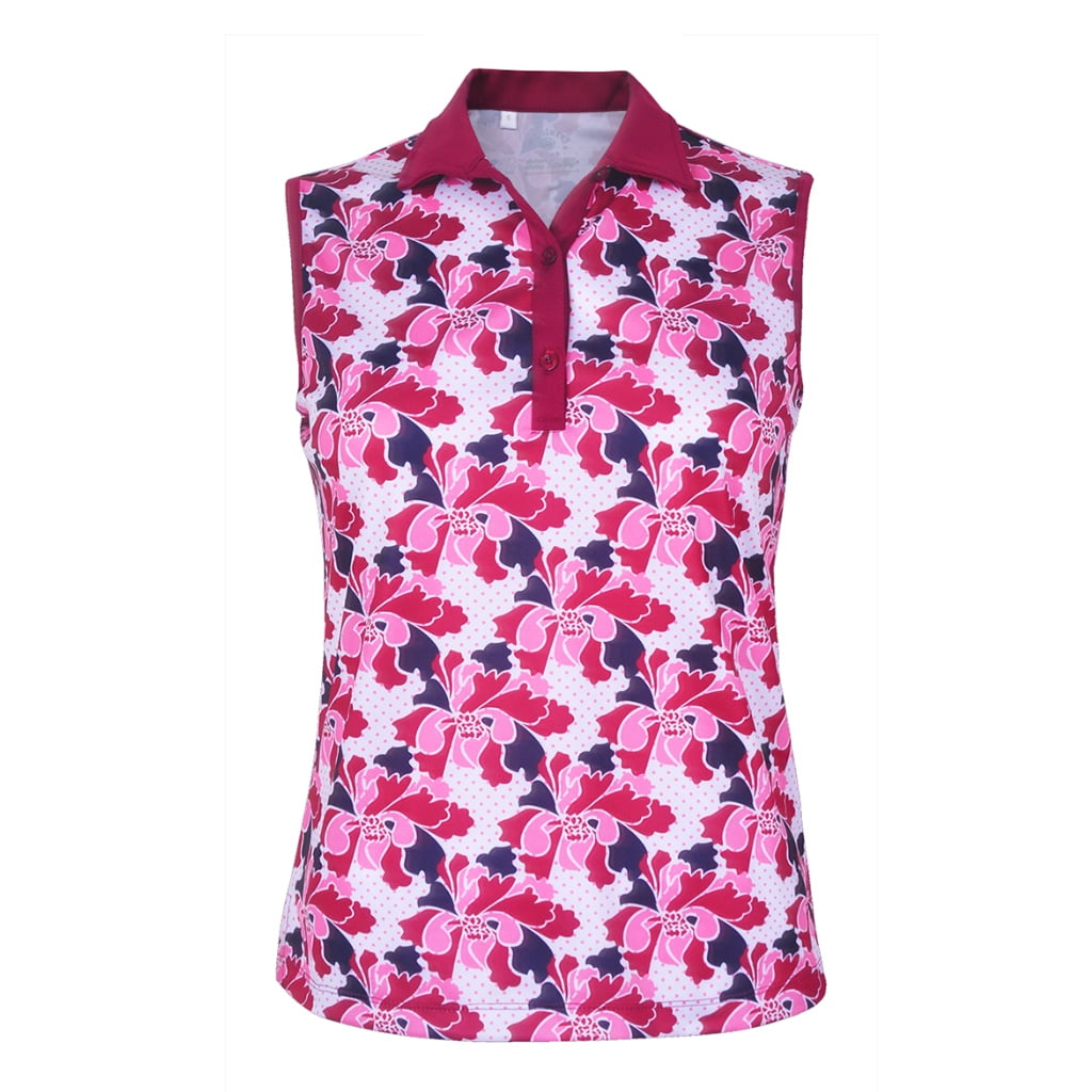 Monterey Club Women's Cherry Blossom Print Texture Sleeveless Golf Polo