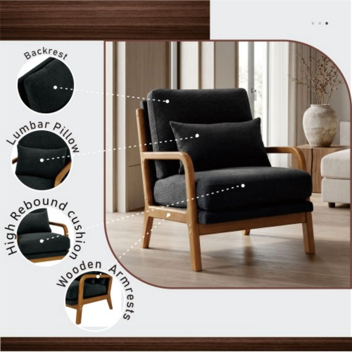Wooden Lounge Accent Chair with Solid Wood Armrests, Upholstered Reading Chair with High-Density Foam Cushion, Modern Leisure Armchair for Living Room, Bedroom, Balcony & Office, Dark Gray