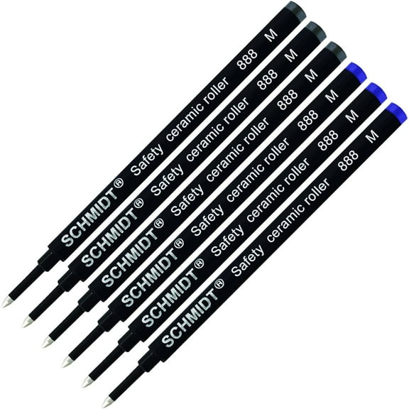 Schmidt 888 Safety Ceramic Rollerball Refill - Black, Blue Ink (Medium Tip 0.7mm) - Pack of 6