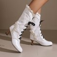 thumbnail image 2 of Victorian Boots for Women Vintage Ruffles Goth Mid Calf Booties Mid Heels Lace up Halloween Witch Dance Shoes, 2 of 8