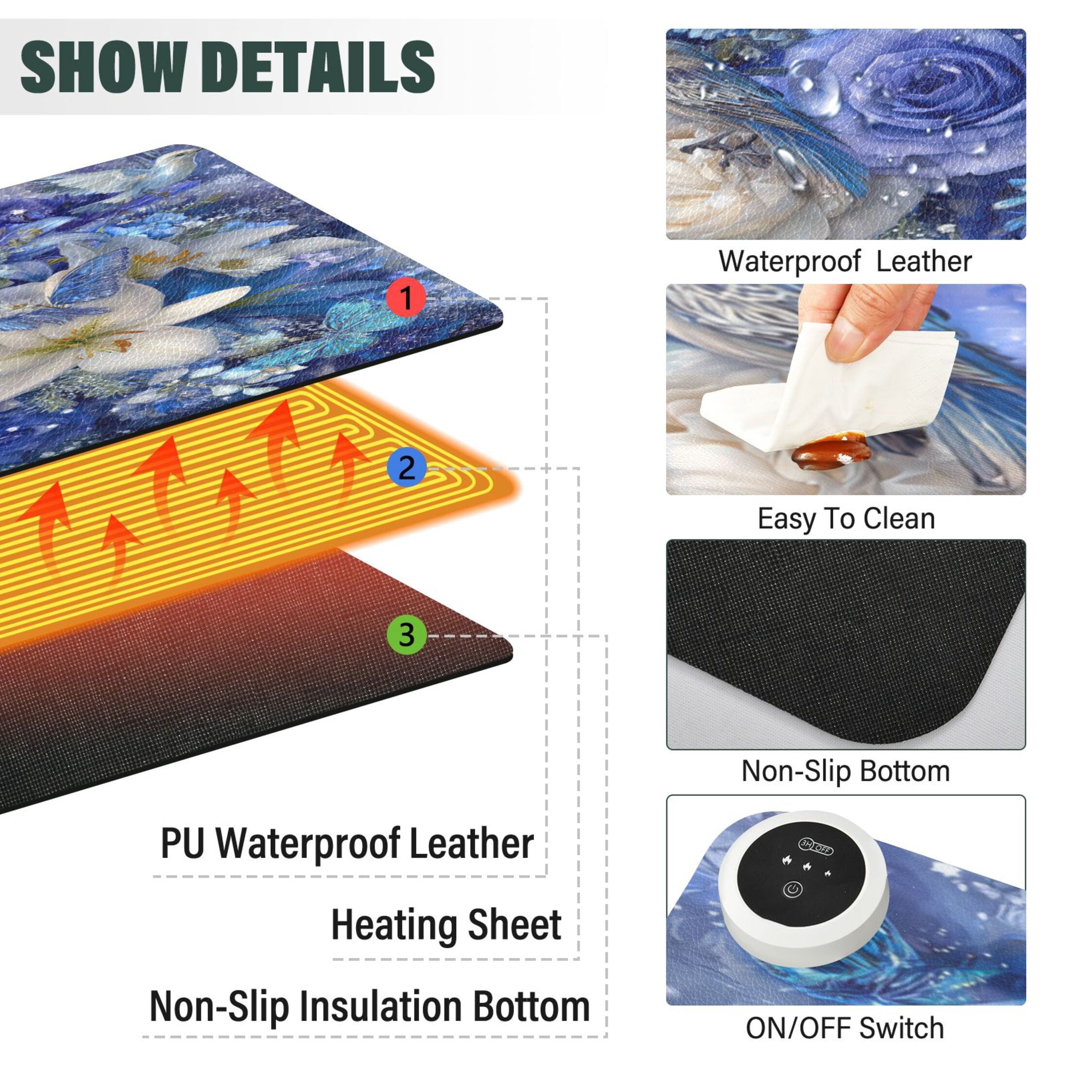 Large Heated Desk Mat Mouse Pad 31.5"x13"PU Leather Graphene Heating Desk Warmer with 3 Temperature Settings 110V US Plug Non-Slip Warm Pad for Home, Office, and Gaming Blue and White Crystal Roses