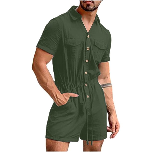 overol de lino de algodón para hombre, de manga corta, con botones, cuello descubierto, bolsillos para la playa 156-verde militar Extra Grande 156-verde militar Extra Grande Xishao ropa