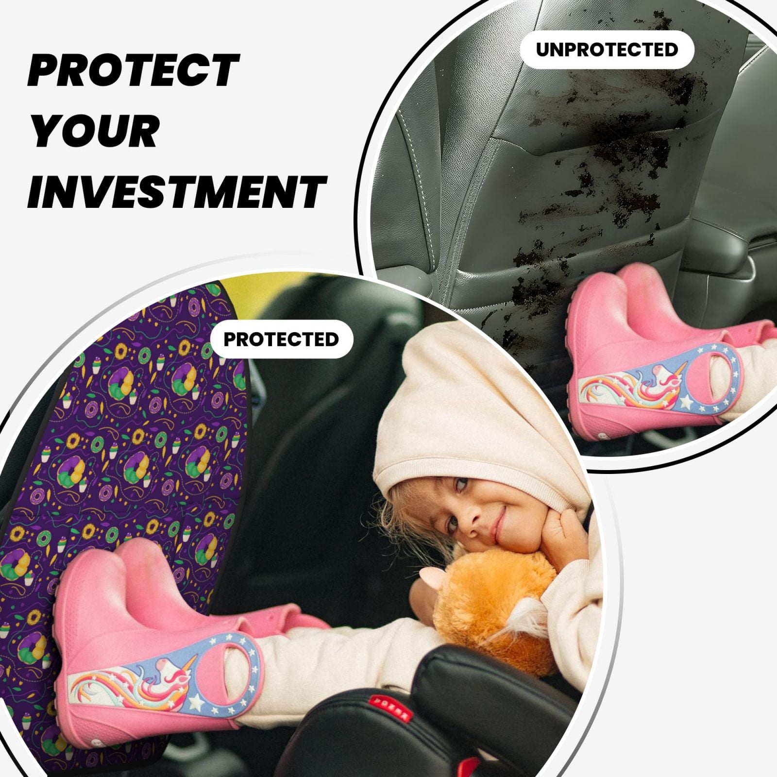 Xecao Mardi Gras and Donuts Pattern Car Seat Back Protector 2 Pack Large Capacity Pocket, Kick Mats Back Seat Protector