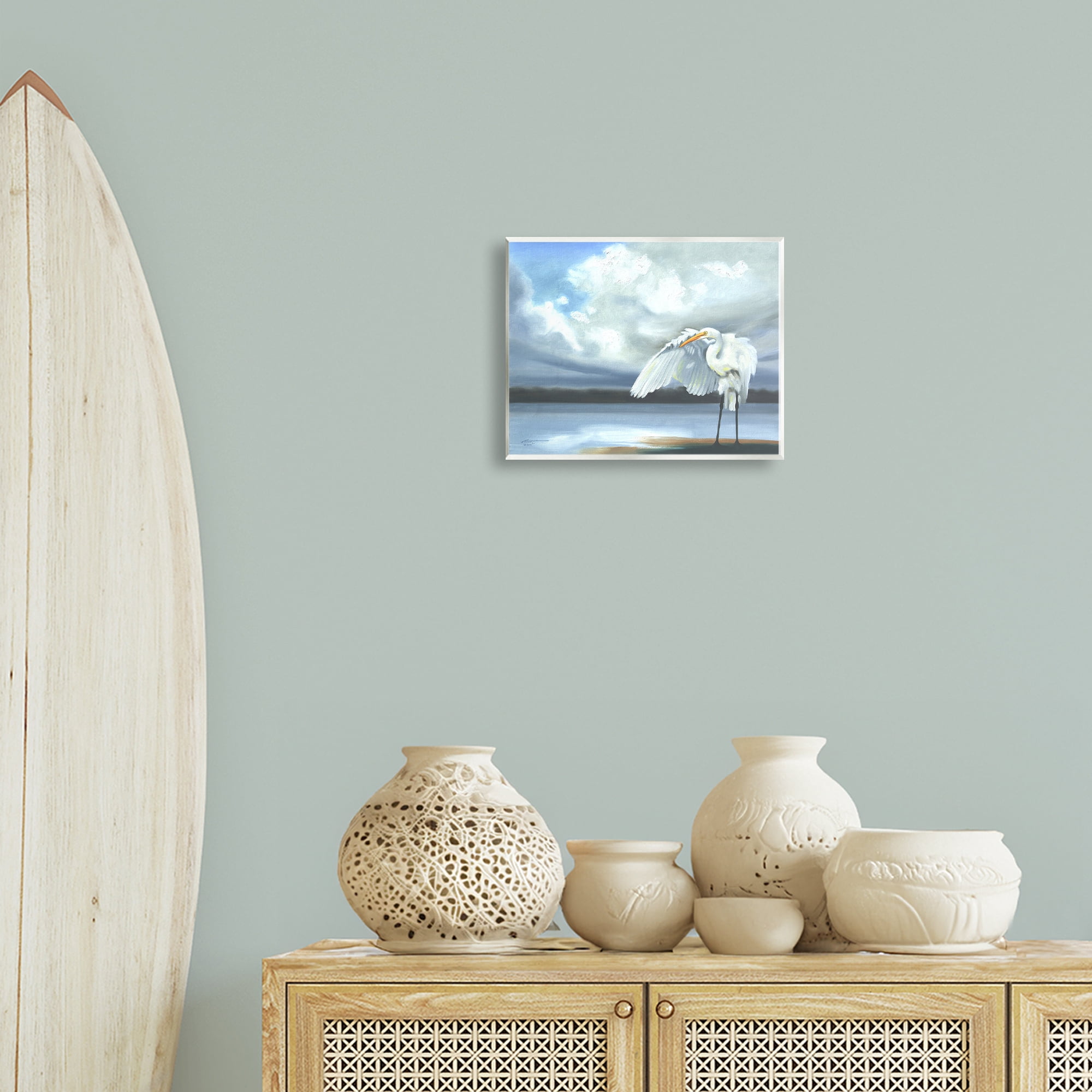 Stupell Industries Egret on Cloudy Beach Shore Animals & Insects Painting Unframed Art Print Wall Art, 14 x 11