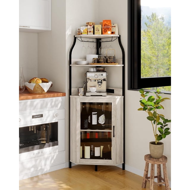 Modern 68" Corner Bar Cabinet with LED Lights & Power Outlet, Stylish Wine Display Cabinet for Dining & Living Room