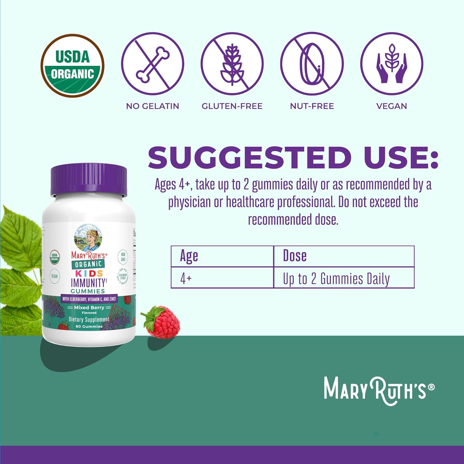 MaryRuth's Kids Immunity Gummies, USDA Organic, Dietary Supplement, Elderberry Zinc, Immune Support, Mixed Berry Flavor, Vegan, Gluten-Free, 60 Count
