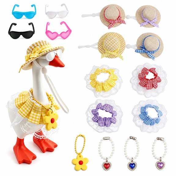 4 Sets Desk Goose Outfits, Plaid Dress with Straw Hat, Sunglasses and Beaded Necklace for 7 inch Desktop Goose Statue