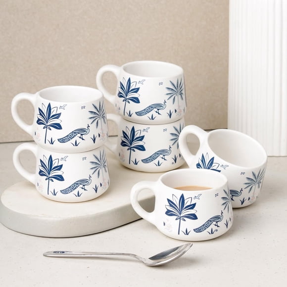 Ensemble de 6 Tasses à Thé en Céramique Bleu Paon - Bleu, 150 ml Chacune / Petite Tasse à Café Chai en Céramique pour Toutes les Occasions - Cadeau d'Anniversaire pour Frère, Sœur / Étanche, Résistante aux Rayures, Compatible Micro-Ondes
