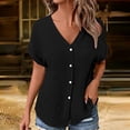 thumbnail image 2 of Women's V-Neck Button Up Short Sleeve Shirt Top Pullover Jacket Pocket Casual Loose Fit Solid Color Fashion Summer | CSEONE,Black XL, 2 of 9