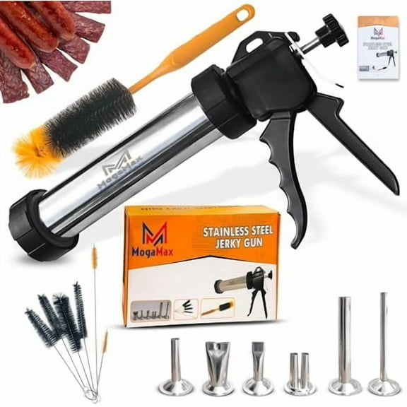 3rd Gen Large Capacity Professional Beef Jerky Gun Kits, Stainless Steel Jerky Maker, Meat Gun with 6 Nozzles and 7 Brushes, Sausage Stuffer, Deer Meats Shooter Sauce Tool