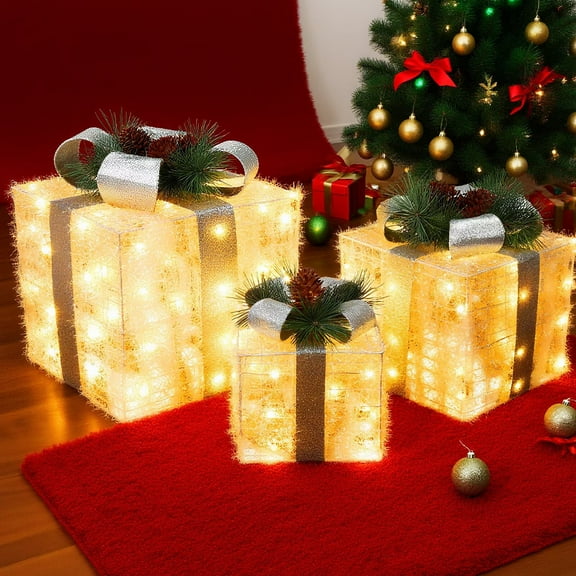 Set of 3 Christmas Lighted Gift Boxes,Lighted Christmas Decorations with 60 LED Warm White Mini String Lights, Present Boxes with Silver Tinsel for Xmas Tree Porch Yard Lawn Decor