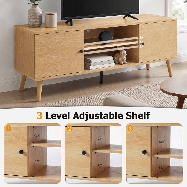 EDX Retro-Modern TV Stand with Soft-Close Cabinets, Natural Wood photo 3