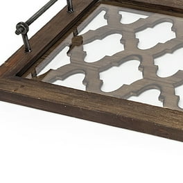Medium Brown Wood With Metal Quatrefoil Pattern Glass Bottom Tray Medium Brown Wood With Metal Quatrefoil Pattern Glass Bottom Tray