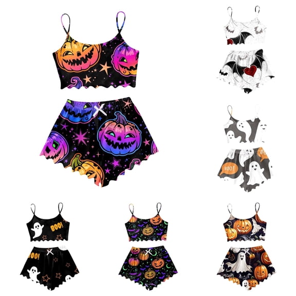 Weebloom Halloween Summer Pajamas For Women Set Pumpkin Cartoon Print Pajama Sleeveless Camisole Shorts Set Sleepwear Nightwear Pjs Loungewear Purple Xl