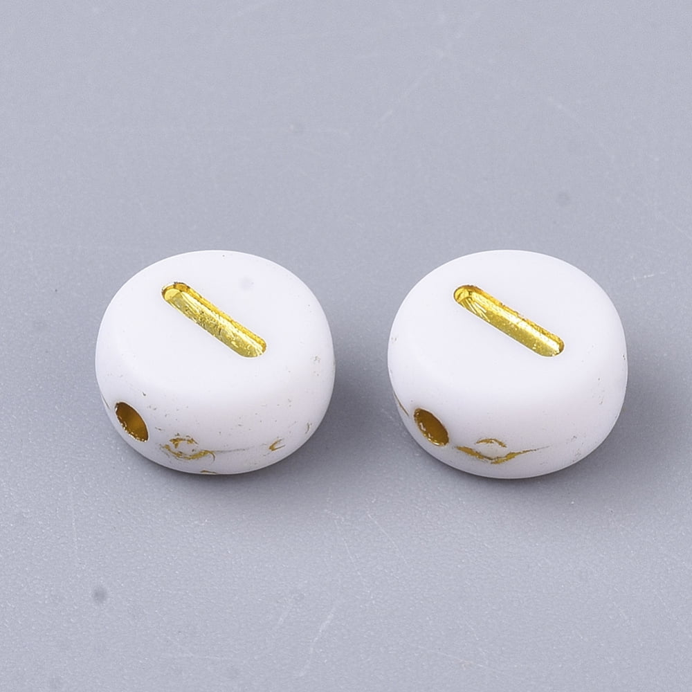 Plating Acrylic Beads Golden Metal Enlaced Horizontal Hole Flat Round with Alphabet White Letter.I 7x3.5mm Hole: 1.2mm 3600pcs/500g diy