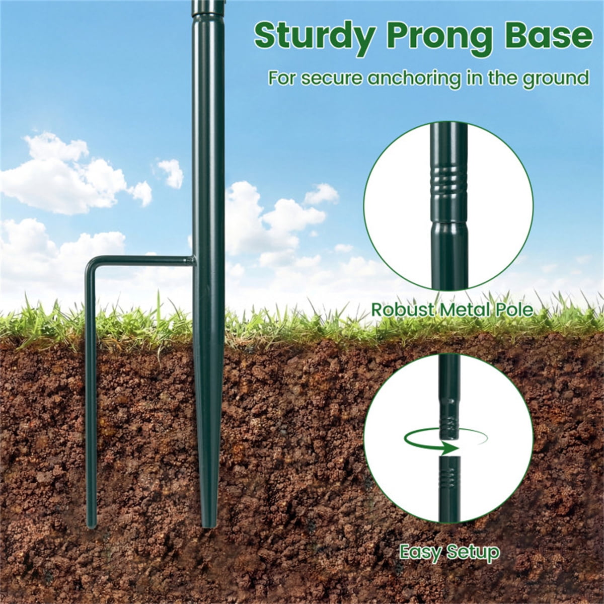 Standing Bird Feeder 51in Green Squirrel Proof Metal PC 4Feeding Ports Perches Heavy Duty 10lbs Capacity 1.3Gal Tube Drainage Holes Waterproof Easy Clean Prong Base Pole Outdoor Garden Patio Porch