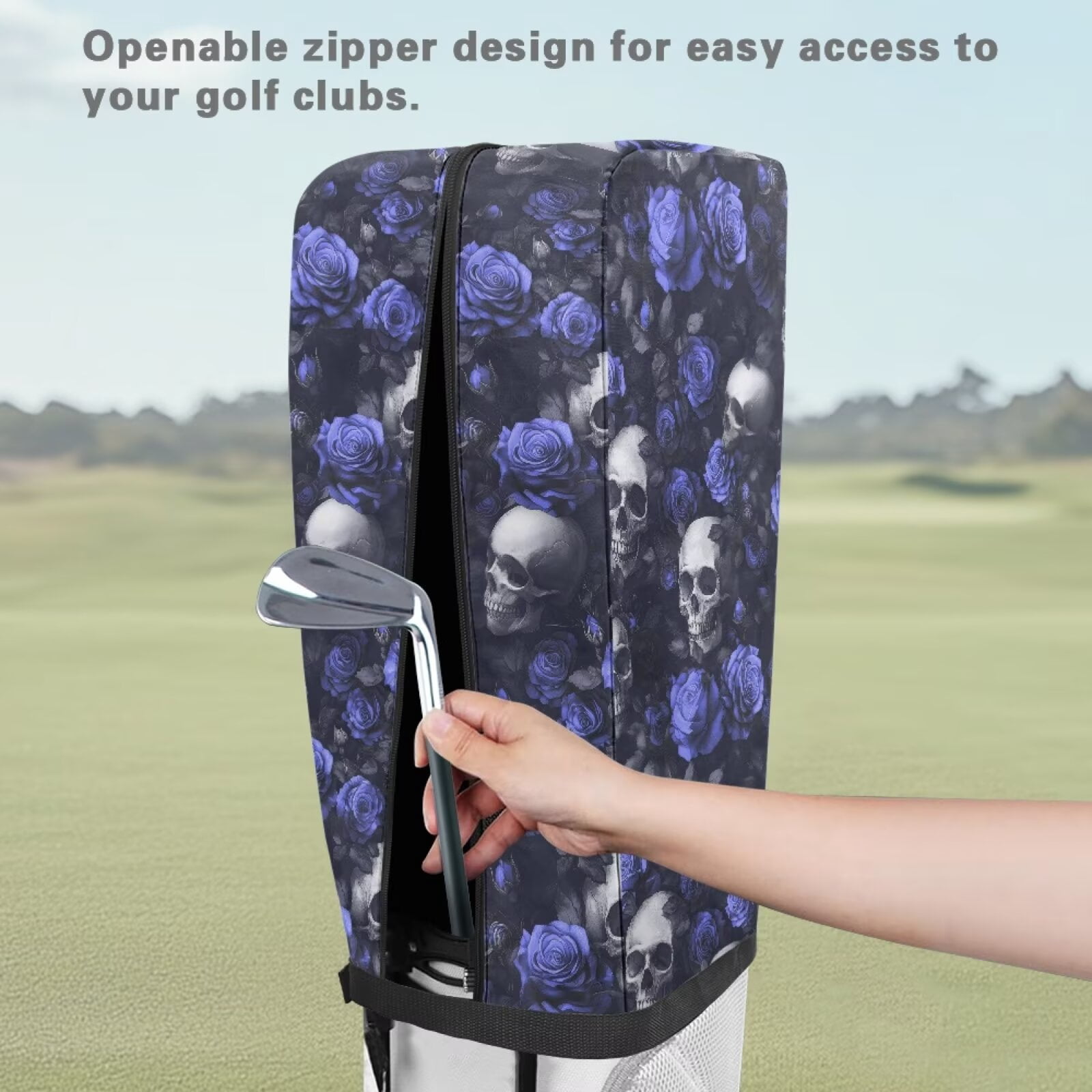Chririnla Blue Rose Skull Golf Bag Cover Hood Dust & Sun Protection Umbrella for Clubs with Snap Button Universal Fit for Most Club Bags, Stand Bags, Cart Bags & Tour Bags