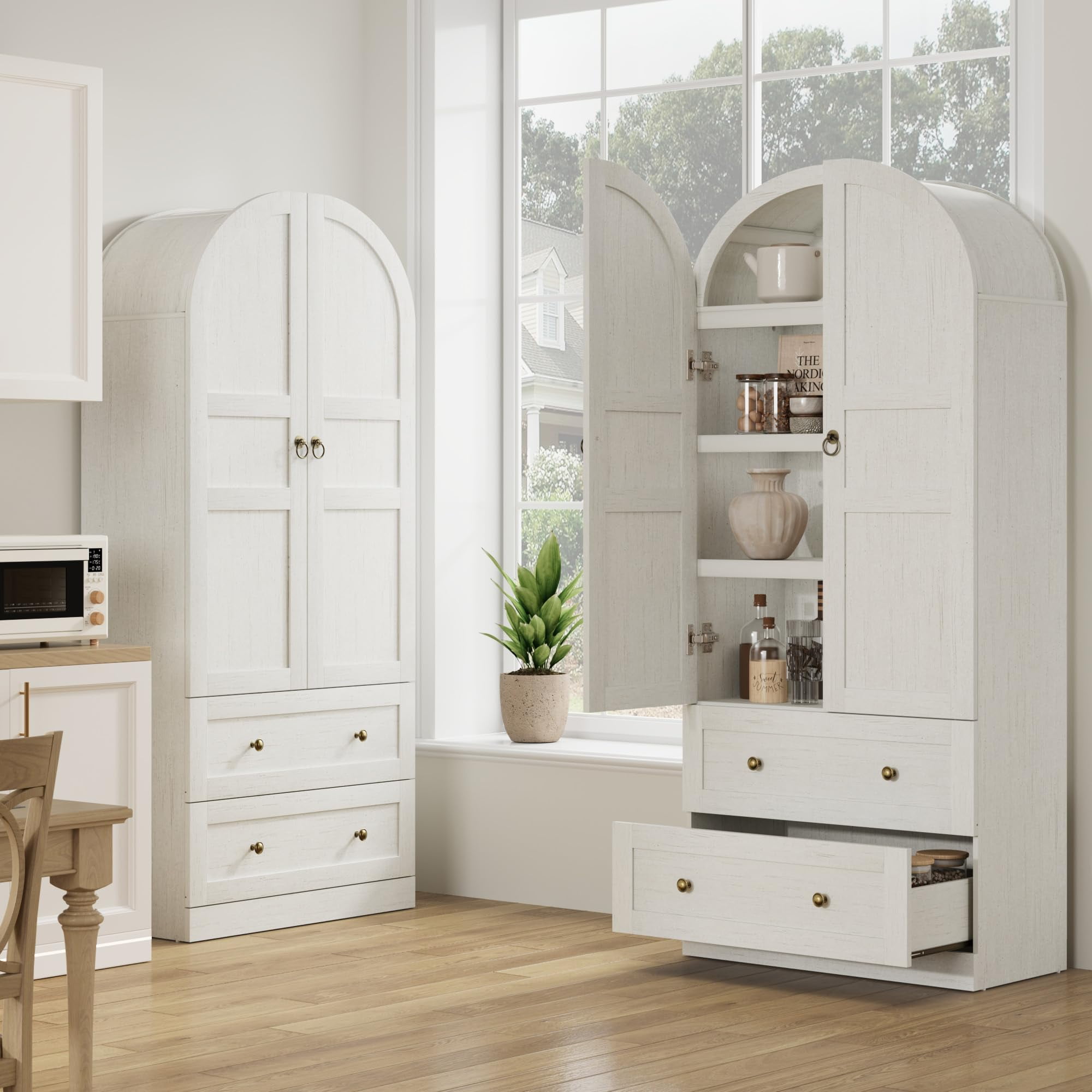 COZONY 72" Tall Arched Kitchen Pantry Cabinet, Farmhouse Wooden Storage with 2 Drawers & Wood Doors, Freestanding Buffet for Dining & Living ,Antique White