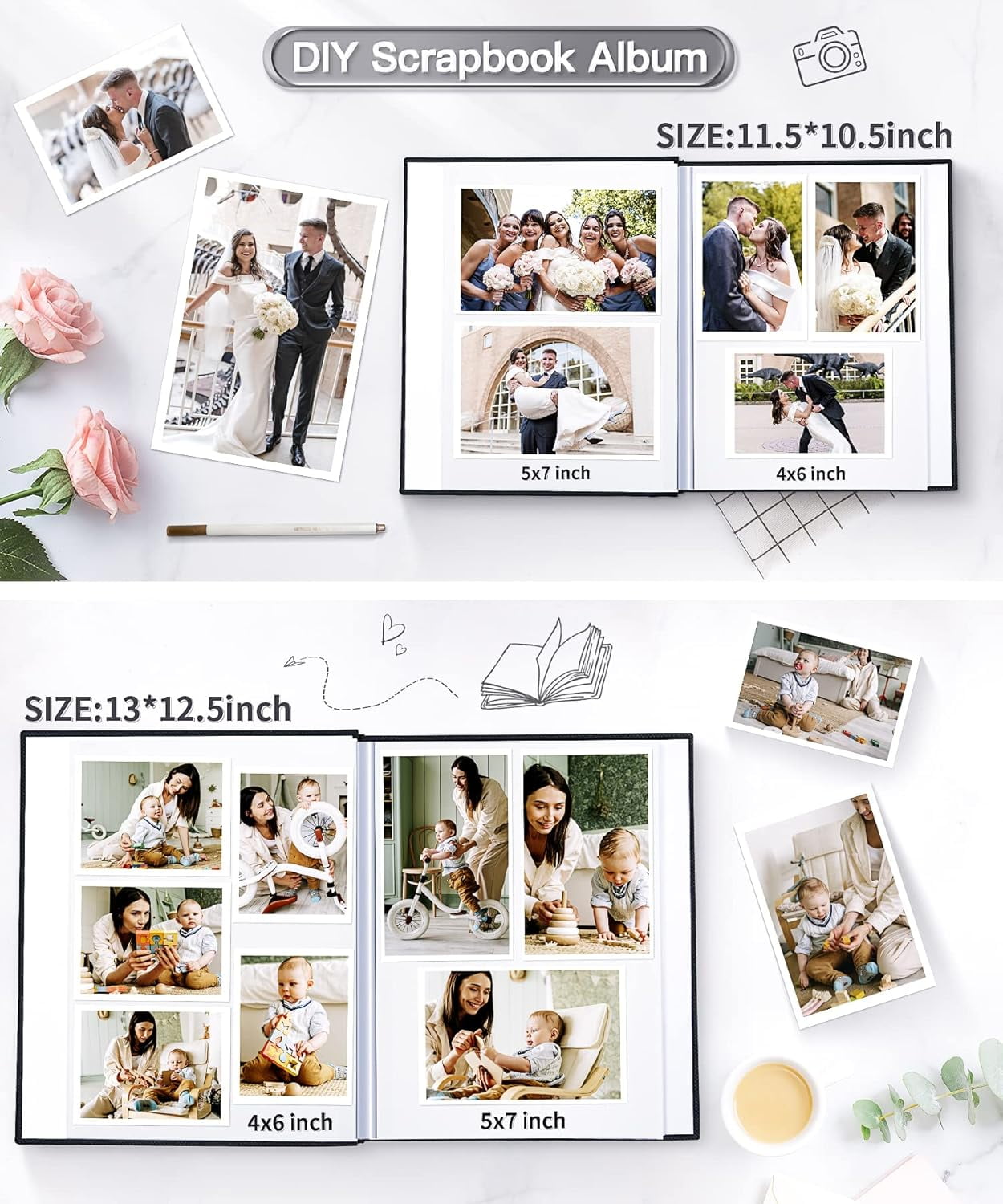 Popotop Photo Album Self Adhesive Scrapbook Album for 4x6 5x7 8x10 Pictures DIY Photo Book as Scrapbooking Supplies Kits, Birthday Gifts for Women Mom Wedding Baby Family Travel