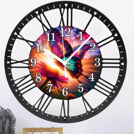 Iron Beautiful Butterfly Wall Clock 10 Inch Battery Operated Flower Clock Silent Non-Ticking Modern Decorative Clocks for Home Kitchen Living Room Bathroom Office Style 10×10inch(25×25cm)