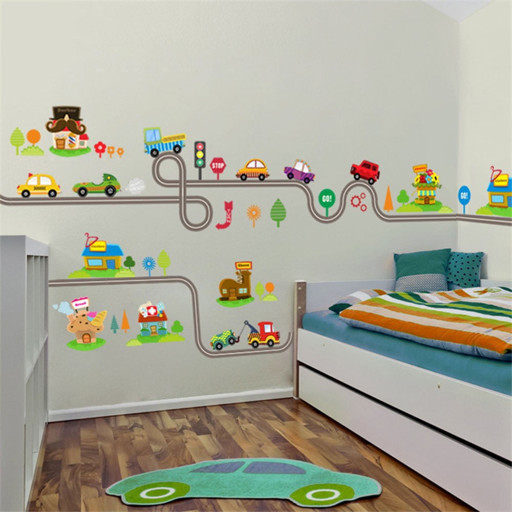 Cartoon Cars Highway Track Wall Stickers Children Bedroom Decor Wall Art Decals