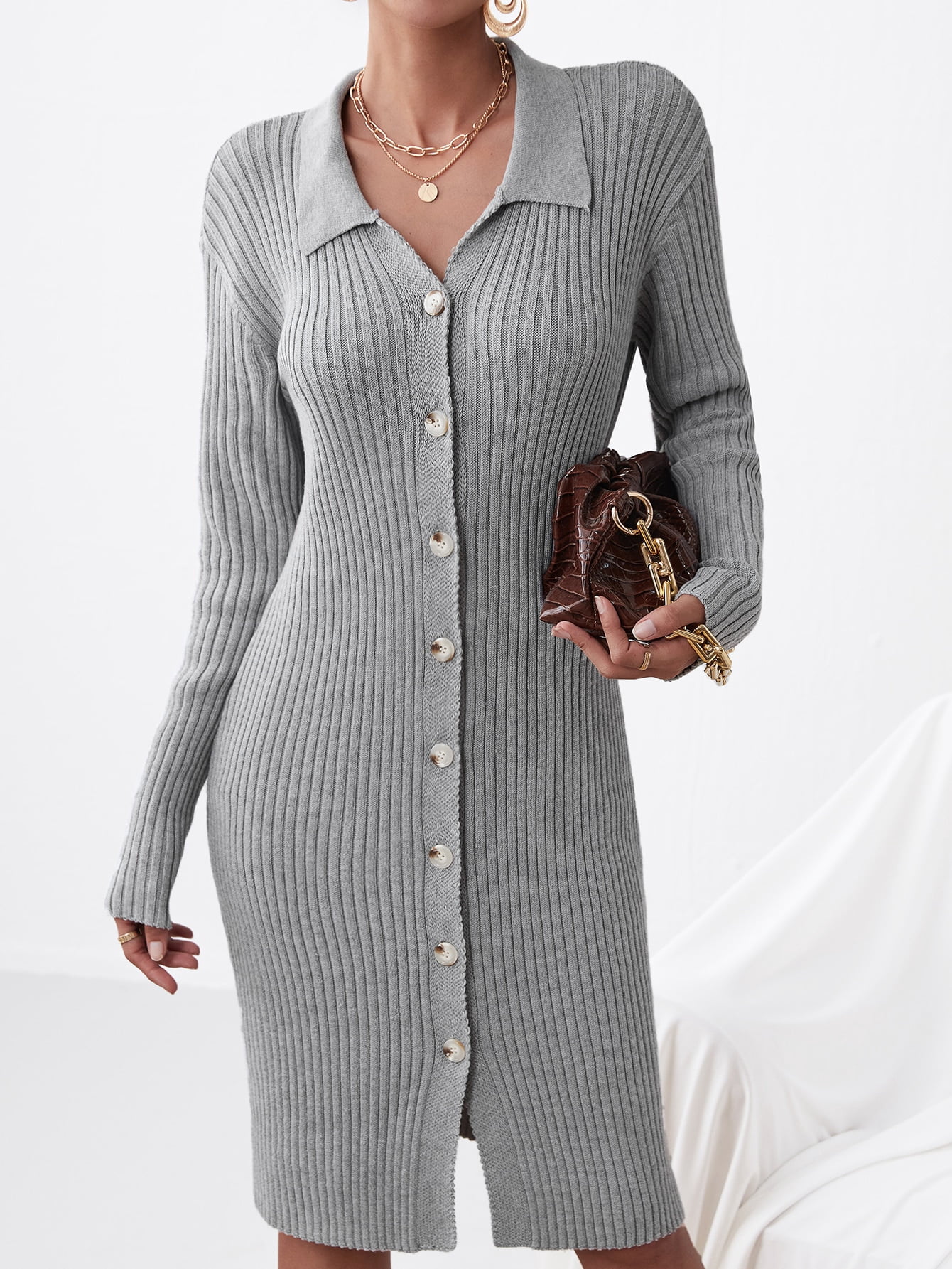 Grey Ribbed Knit Button Detail Sweater 