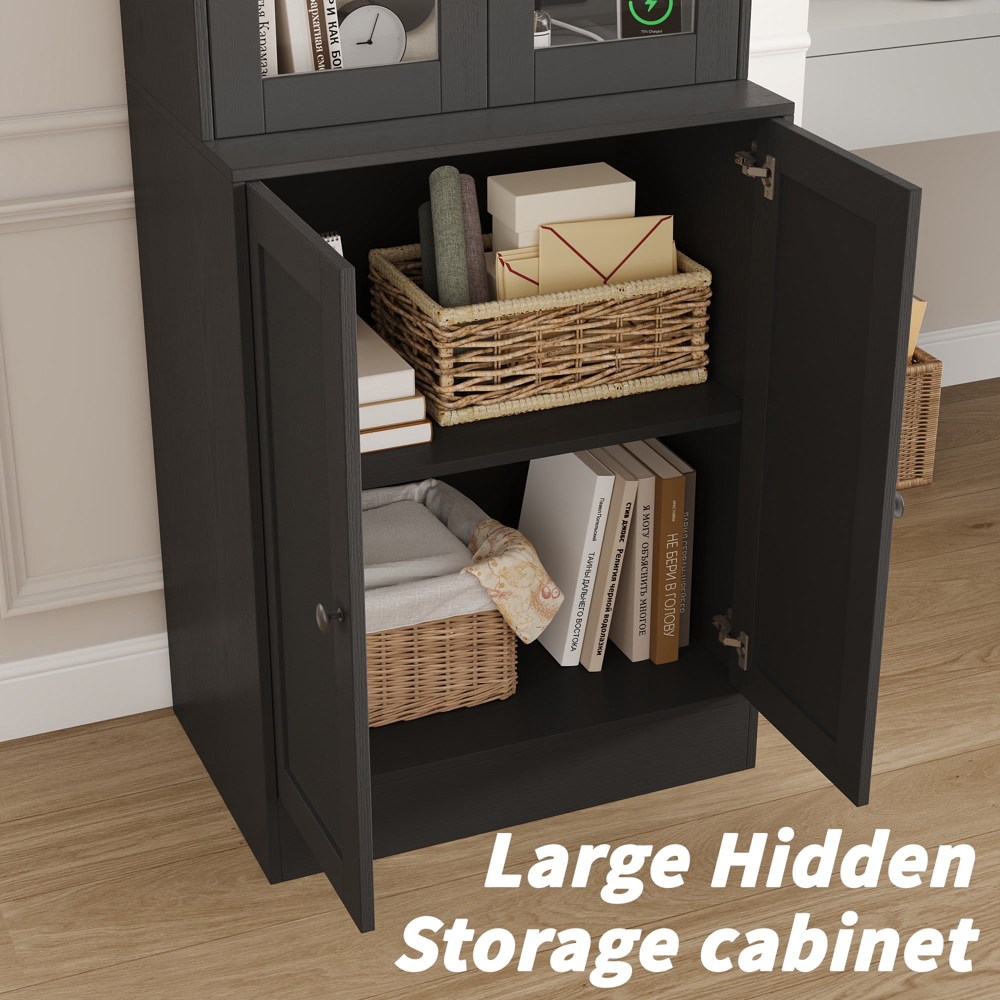 NEGYLIM 71" Bookcase with Glass Door,Display Bookshelves with Charging Station & Adjustable LED Lights,Modern Bookcase for Living Room,Bedroom,Home Office (Black B)
