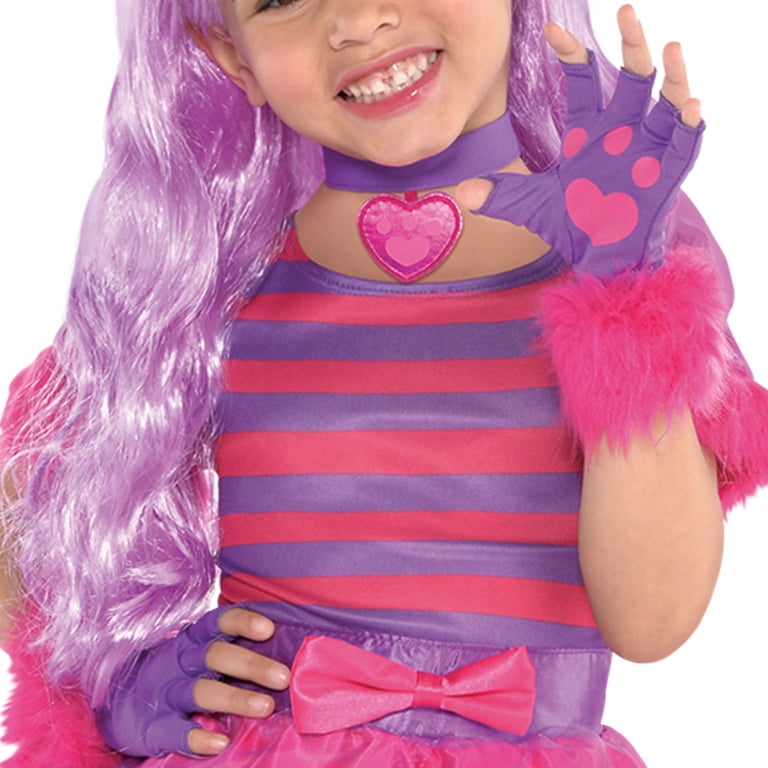 Cheshire Cat Costume For Girls - Purple & Pink Striped Dress With Hood, Tail & Paw Mittens, Size M