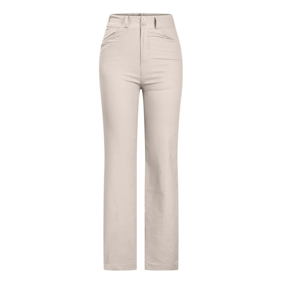 Cotton Linen Straight Pants with Pocket for Women Clearance Summer High Waist Fashion Solid Sale Relaxed Trousers Casual Button Workout Beige L