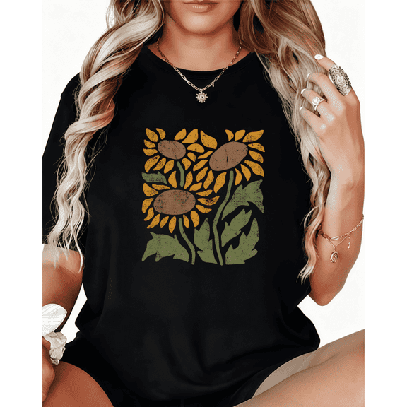 Vintage Sunflower Graphic Comfortable Tee T-Shirt Print Top Short Sleeve Round Neck Black S-5XL