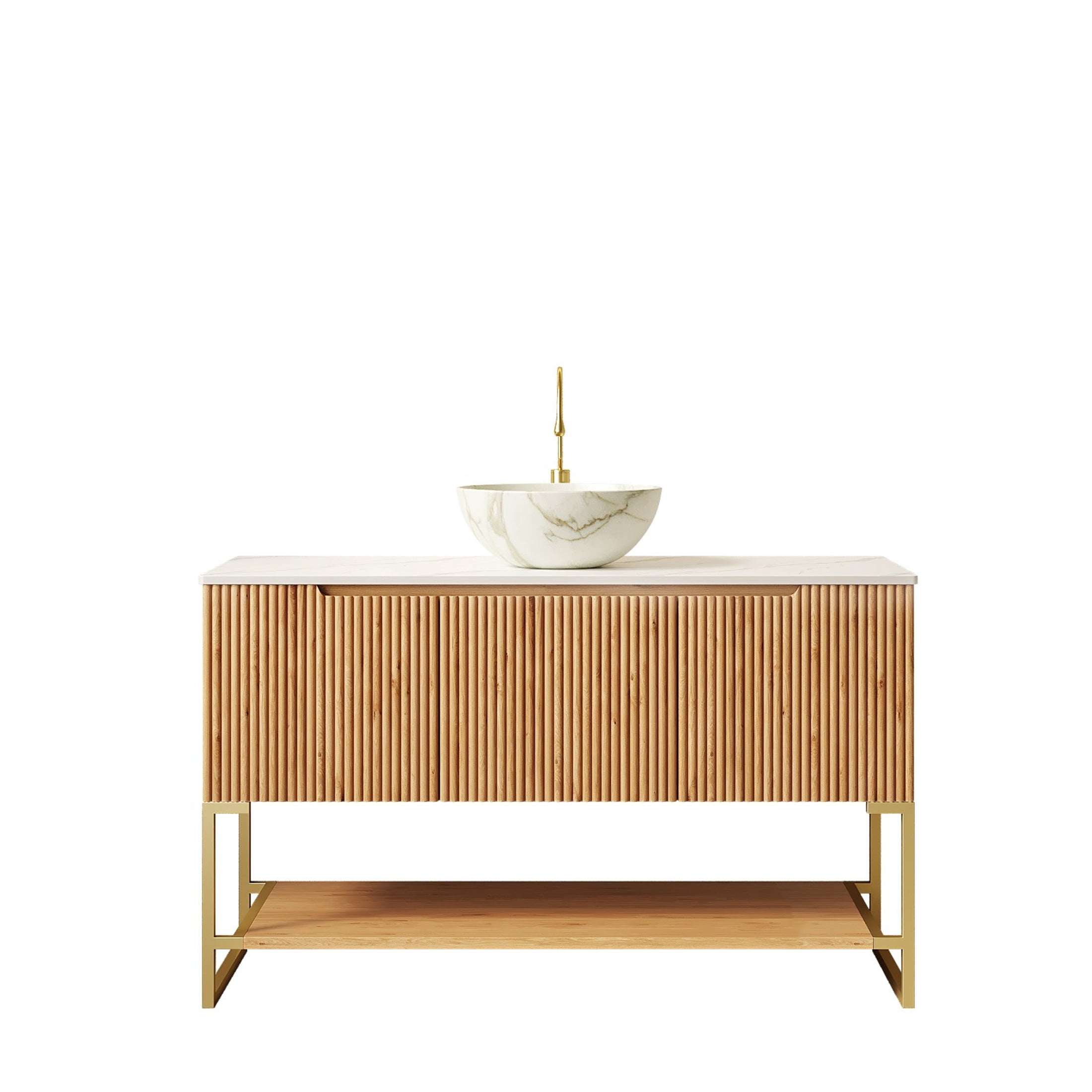 Noble House Tulio 48" Freestanding Bathroom Vanity with Sintered Stone Countertop, Stone Bowl Ceramic Basin, Oak