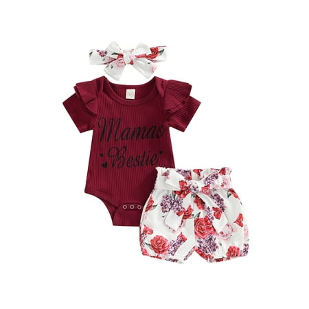 

Binpure Baby Girl Shorts Suits Short Sleeve Ruffles Decor Romper + Shorts + Headband Set
