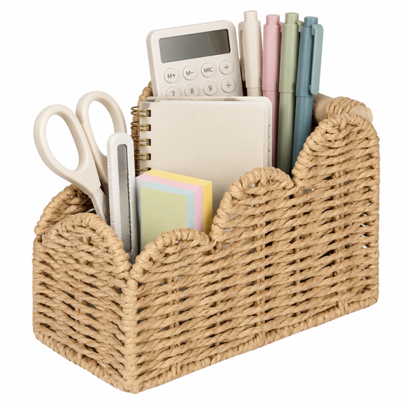 3-Slot Woven Desk Organizer, Remote and Pen Holder, Scalloped Makeup Brush Caddy, Beige