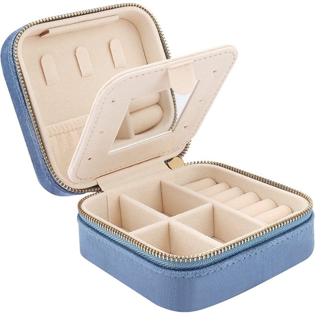 Mini joyero de viaje de terciopelo con espejo, joyero de viaje para niñas y mujeres, pequeño organizador de joyas para anillos, pendientes, collares, azul