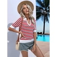 thumbnail image 3 of Womens Cropped Striped Sweater Top Summer Short Sleeve V Neck Collared Going Out Trendy Loose Shirt Red S, 3 of 8