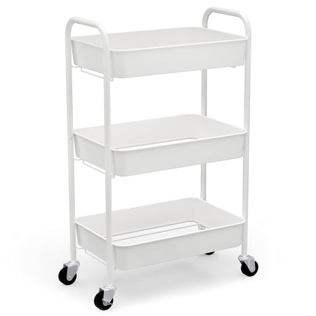 3 Tier Metal Rolling Cart with Casters Multi Purpose Storage Organizer for Home Office Craft Room White