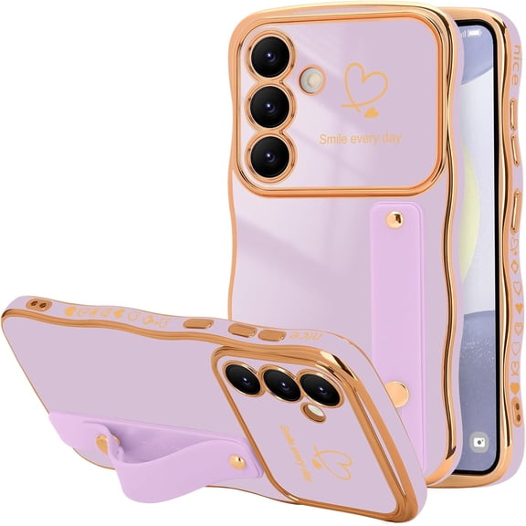REQO for Samsung Galaxy S26 Plus Case for Women Girls Strap Cute Love Heart Plating Luxury Wave Frame Back Cover, Raised Camera Protection Shockproof Phone Case for Galaxy S26 Plus 5G