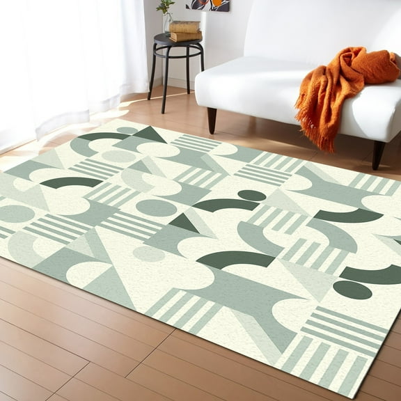 Area Rugs Indoor Non-Slip Rectangle Rug 5x8 Ft Mid Century Matcha Color Lines Abstract Geometric Rug Rubber Backing Floor Mats Non Shedding Home Decor Carpet for Entryway Living Room