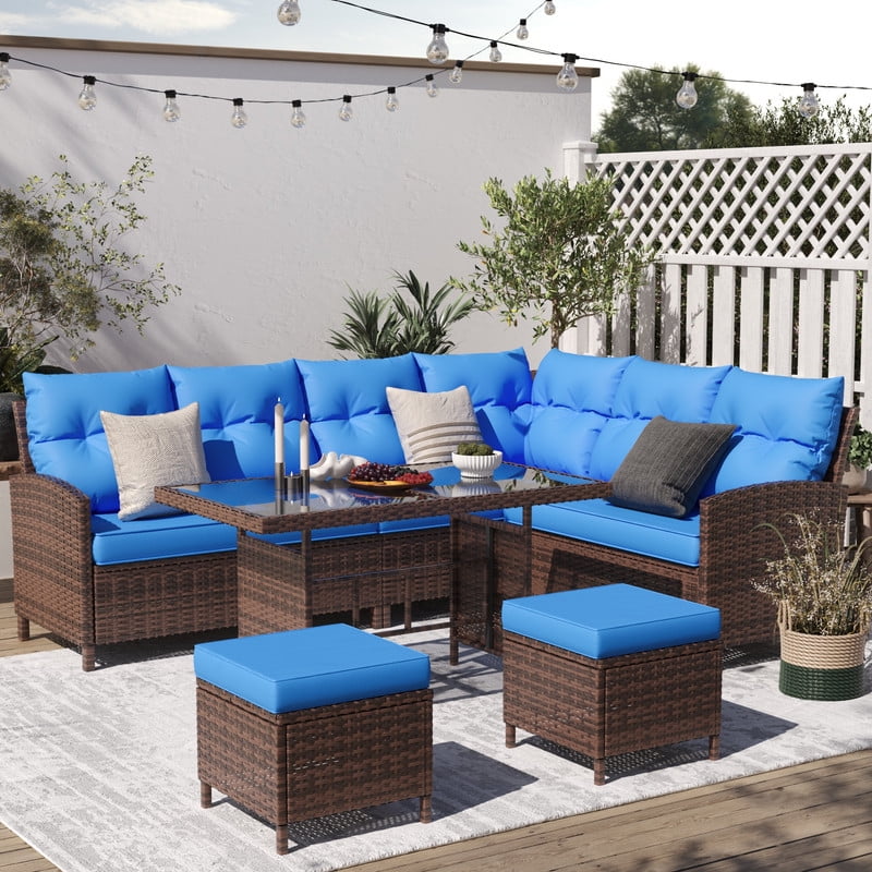 AMOPATIO 7-Piece Patio Furniture Set, Outdoor Sectional Sofa with Dining Table, All Weather Rattan Conversation Set with Ottoman, Navy