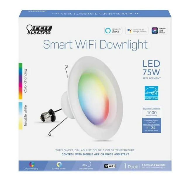 Feit Downlight Encastré Rond Blanc à Intensité Réglable, DEL Intégrée Wi-Fi Intelligente, 5 Po Ou 6 Po, 75 Watts Équivalents