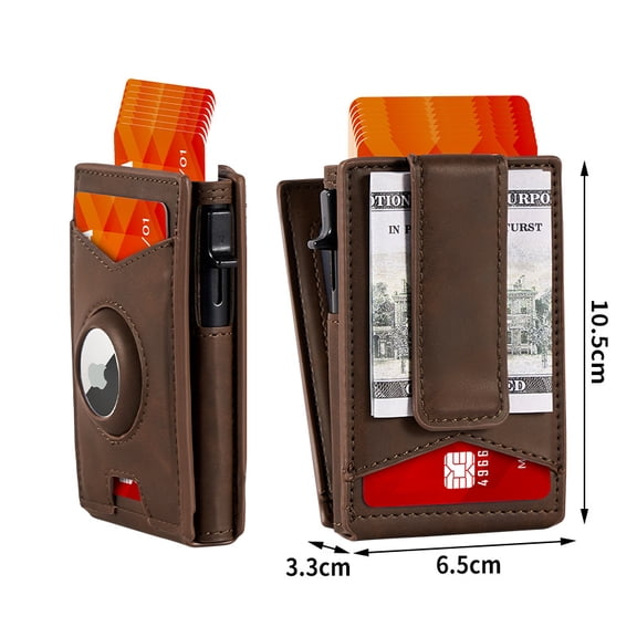 SENHAWK RFID Blocking Pop Up Card Holder, PU Leather Men's Wallet with AirTag Slot, Magnetic Closure Money Clip, Compatible with Apple AirTag, Slim Aluminum Case