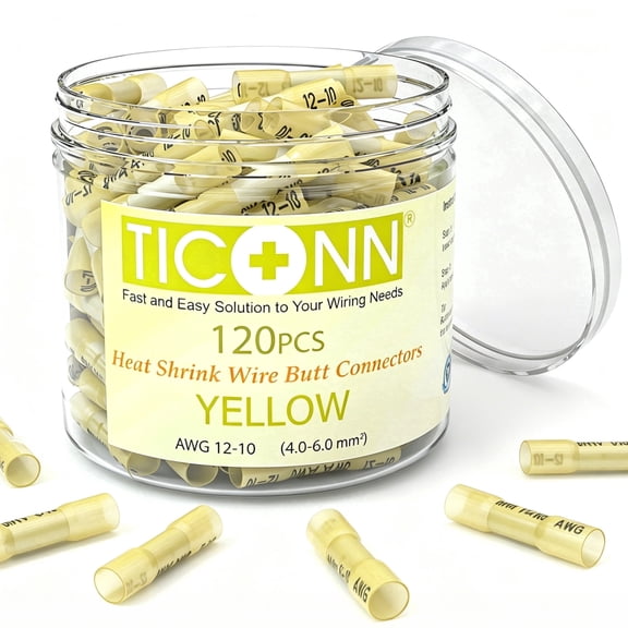 TICONN 120pc Yellow Heat Shrink Butt Wire Connectors, Waterproof Terminals