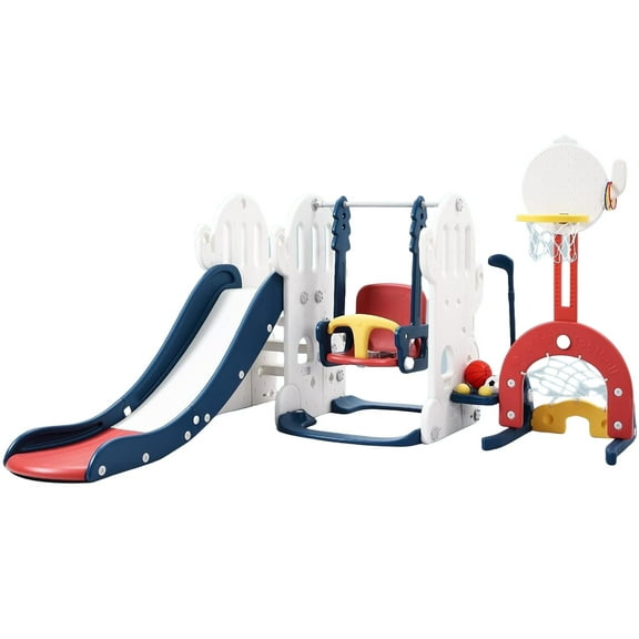 Jojoka 7-in-1 Toddler Slide and Swing Set with Basketball Hoop, Soccer, Blue, 76"L x 76.4"W x 49.2"