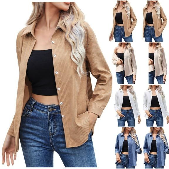 Lovskoo Long Sleeve Shirts for Women Corduroy Button Down Shirt Casual Solid Color Single Breasted Fall Spring Loose Shirt Tops Blouse Beige