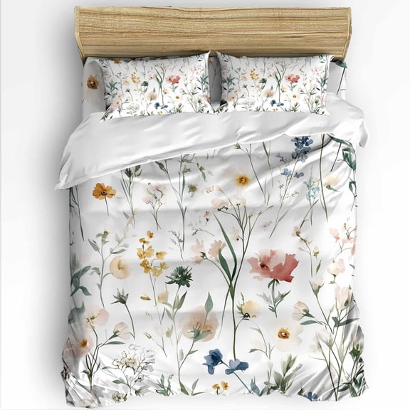 Spring Flowers Queen Size Comforter Set, Watercolor Colored Floral Garden Soft Bedding for All Seasons, 4 Pcs Bed Set with 1Comforter (90"x92") ,1 Sheet(94"x116"), 2 Pillowcases (19"x29")