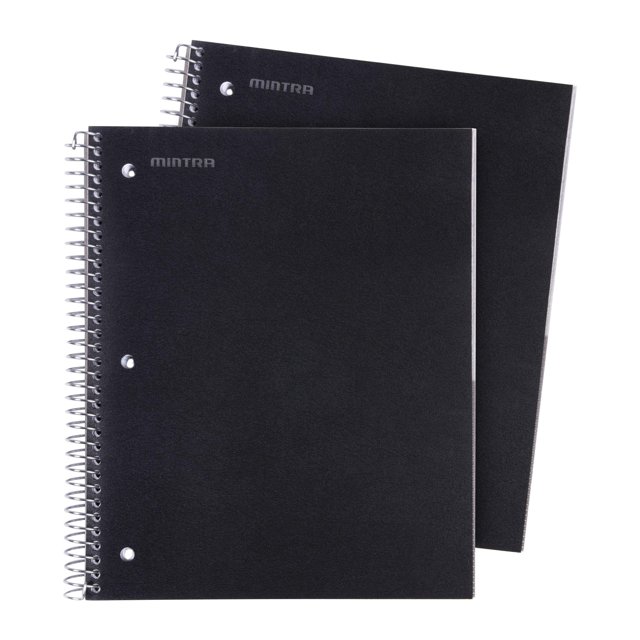 Mintra Office Durable Spiral Notebooks, 3 Subject (Black, Wide Ruled 2pk)